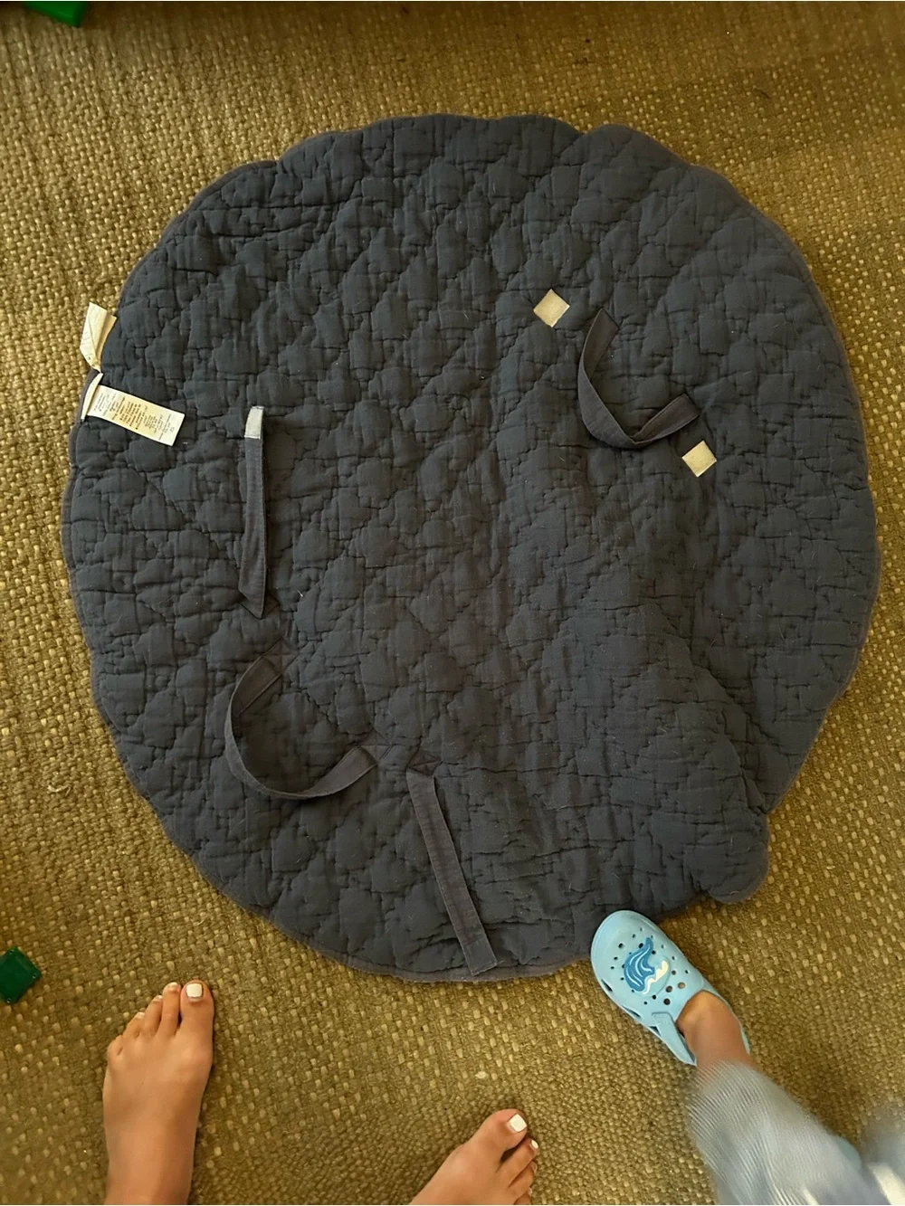 Pottery Barn Kids Round Whale Print Quilted Play Mat - Navy and Gray